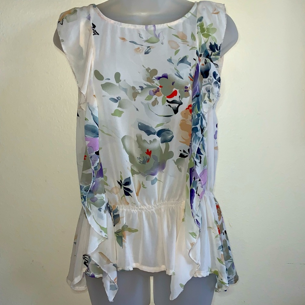 Creme Colored Blouse w/ Floral Print & Ruffle Accents by American Rag - Sz. S